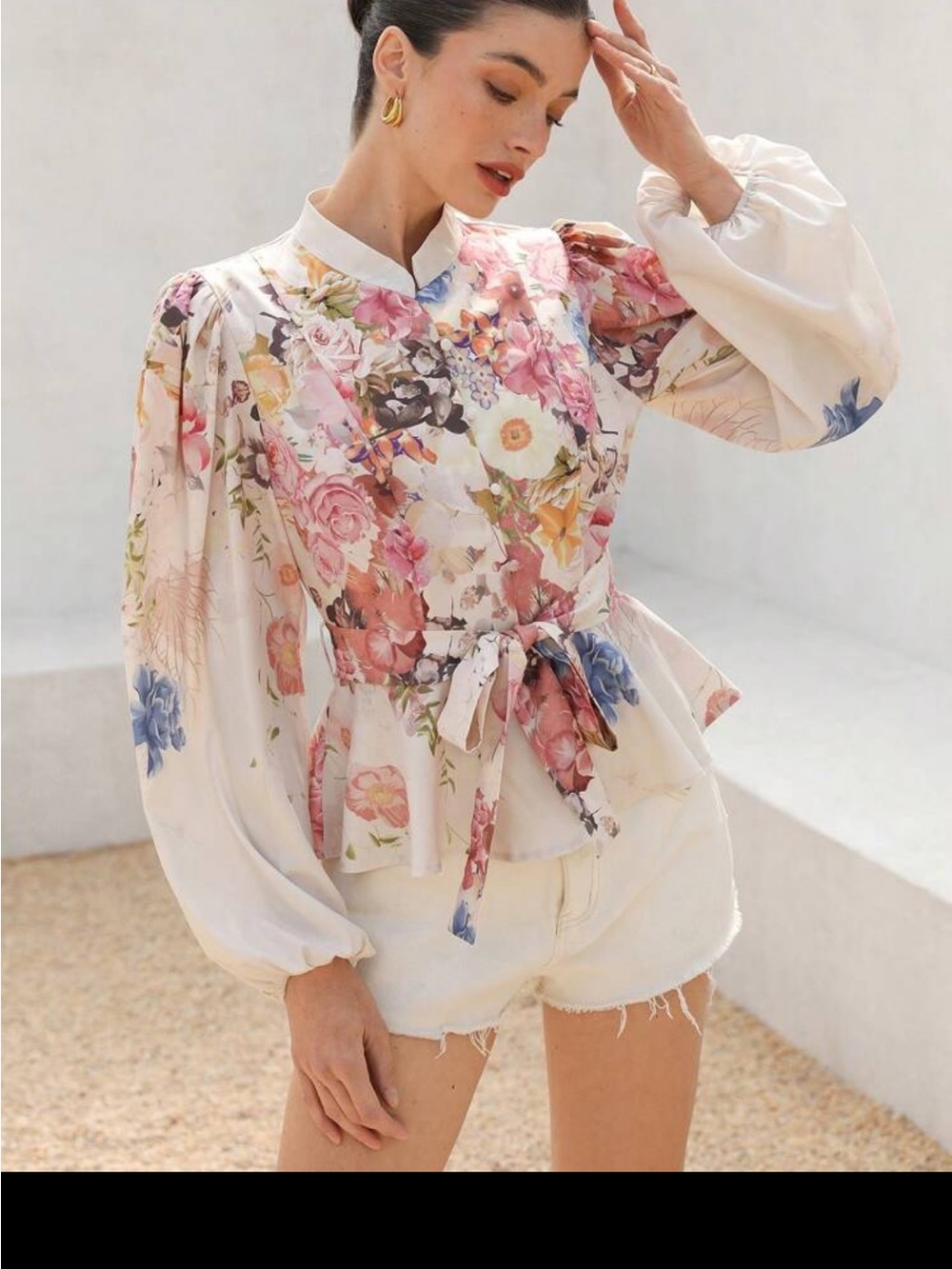 Floral Tie-Waist Peplum Blouse - Pink Multi